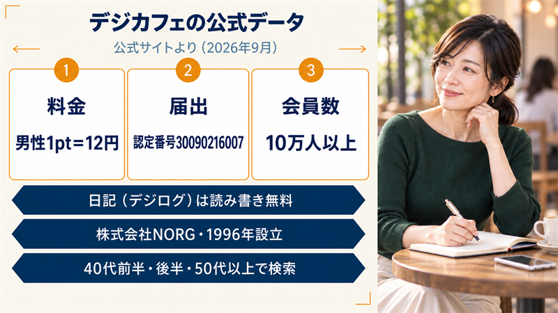 デジカフェの公式データ。料金は男性1pt=12円、届出は認定番号30090216007、会員数は10万人以上