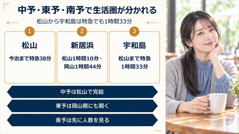 中予・東予・南予で生活圏が分かれる