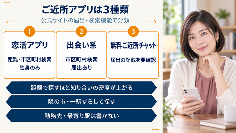 ご近所アプリは3種類。恋活アプリは距離・市区町村検索で独身のみ、出会い系は市区町村検索で届出あり、無料ご近所チャットは届出の記載を要確認