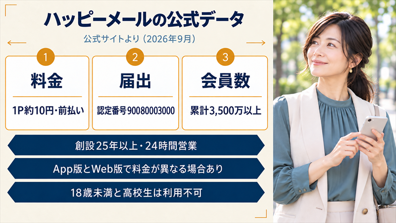ハッピーメールの公式データ。料金は1P約10円・前払い、届出は認定番号90080003000、会員数は累計3,500万以上