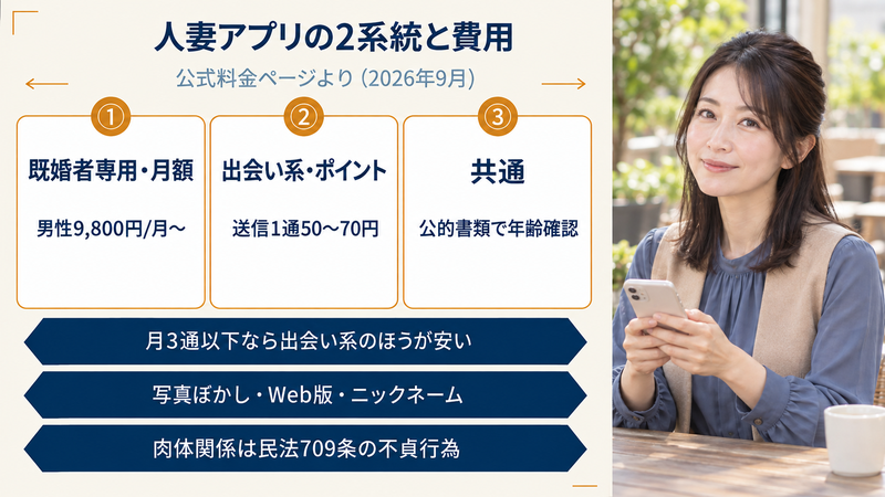 人妻アプリの2系統と費用。既婚者専用の月額制は男性9,800円/月〜、出会い系のポイント制は送信1通50〜70円、共通で公的書類の年齢確認
