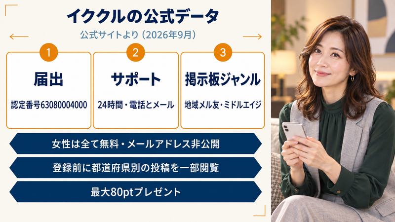 イククルの公式データ。届出は認定番号63080004000、サポートは24時間・電話とメール、掲示板ジャンルは地域メル友・ミドルエイジ