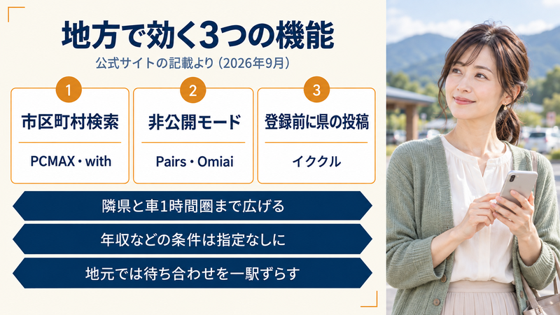 地方で効く3つの機能。市区町村検索はPCMAXとwith、非公開モードはPairsとOmiai、登録前に県の投稿を見られるのはイククル