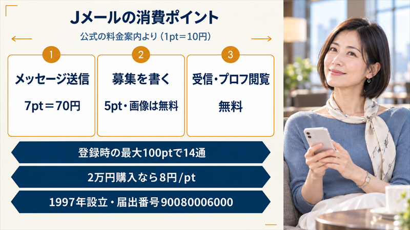 Jメールの消費ポイント。メッセージ送信7pt=70円、募集を書く5pt・画像は無料、受信・プロフ閲覧は無料