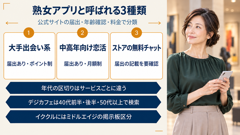 熟女アプリと呼ばれる3種類。大手出会い系は届出あり・ポイント制、中高年向け恋活は届出あり・月額制、ストアの無料チャットは届出の記載を要確認