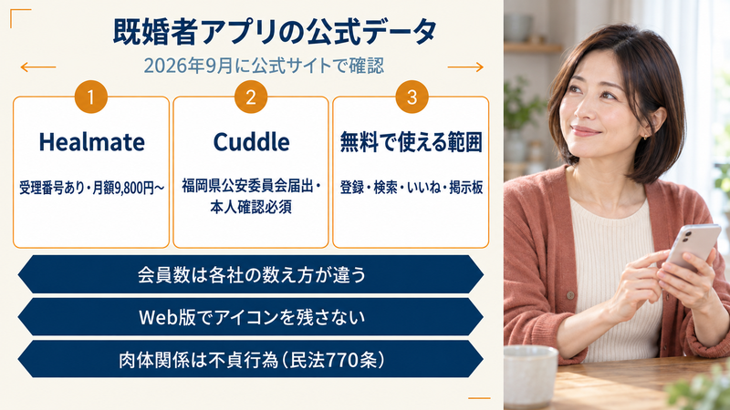 既婚者アプリの公式データ。Healmateは受理番号あり・月額9,800円〜、Cuddleは福岡県公安委員会届出・本人確認必須、無料で使える範囲は登録・検索・いいね・掲示板