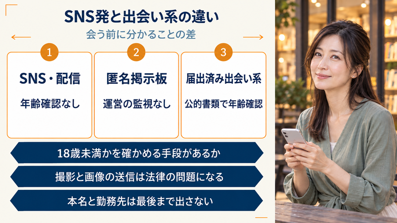 SNS発と出会い系の違い。SNS・配信は年齢確認なし、匿名掲示板は運営の監視なし、届出済み出会い系は公的書類で年齢確認