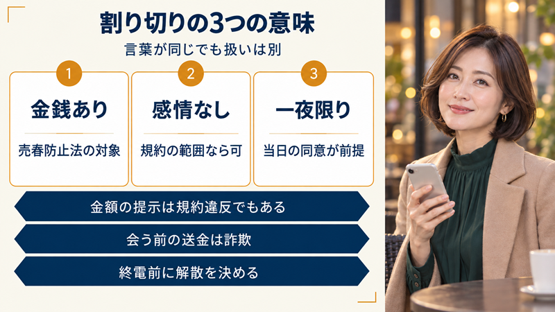 割り切りの3つの意味。金銭ありは売春防止法の対象、感情なしは規約の範囲なら可、一夜限りは当日の同意が前提