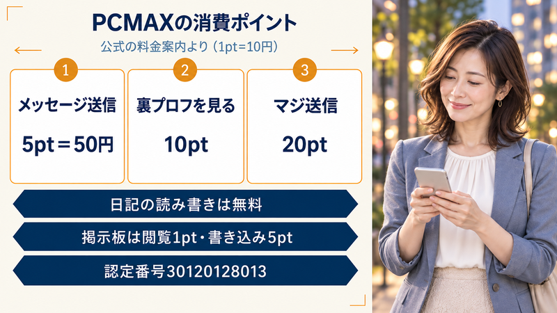 PCMAXの消費ポイント。メッセージ送信5pt=50円、裏プロフを見る10pt、マジ送信20pt