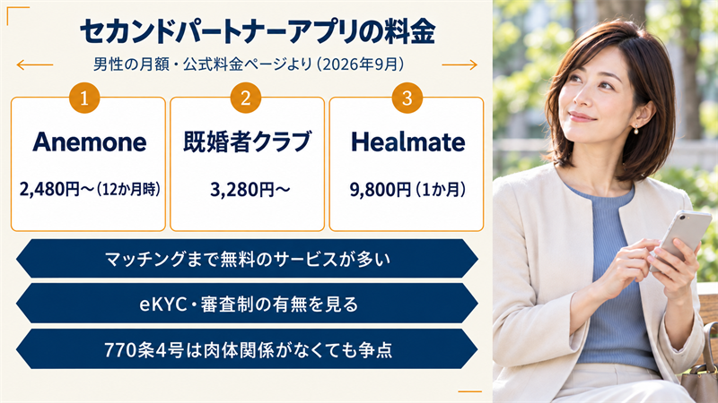セカンドパートナーアプリの料金。Anemoneは2,480円〜（12か月時）、既婚者クラブは3,280円〜、Healmateは9,800円（1か月）