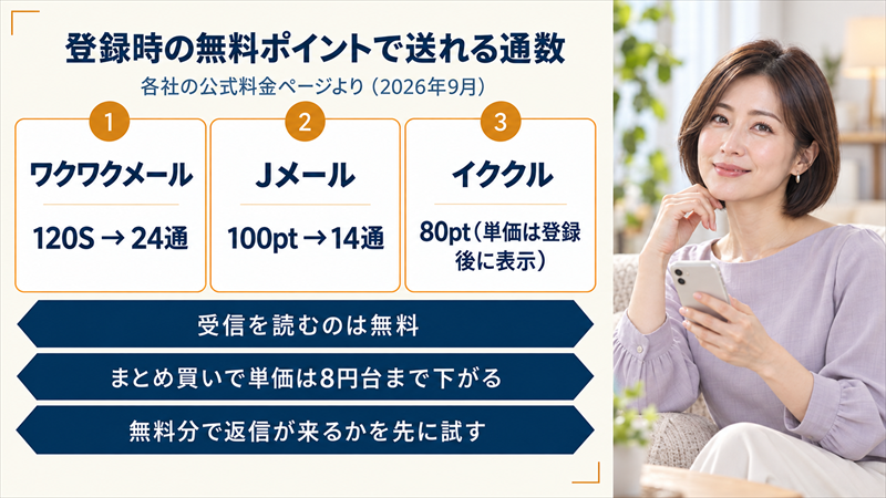 登録時の無料ポイントで送れる通数。ワクワクメール120Sで24通、Jメール100ptで14通、イククル80pt