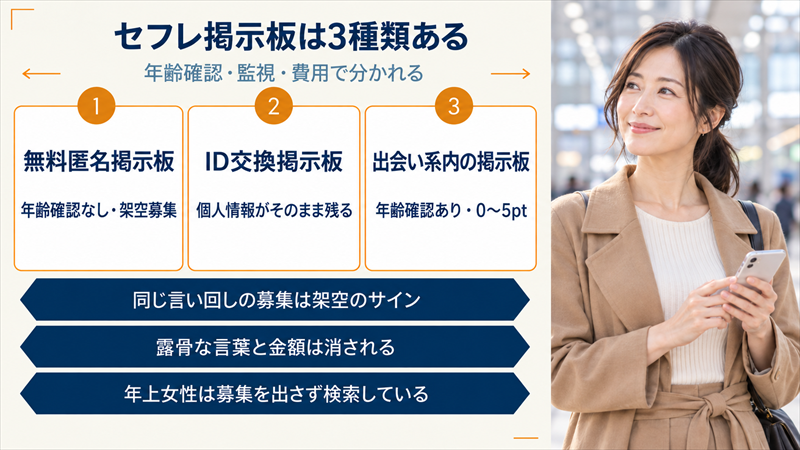 セフレ掲示板は3種類ある。無料匿名掲示板は年齢確認なし・架空募集、ID交換掲示板は個人情報がそのまま残る、出会い系内の掲示板は年齢確認あり・0〜5pt