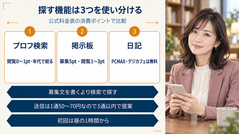 探す機能は3つを使い分ける。プロフ検索は閲覧0〜1pt、掲示板は募集5pt、日記はPCMAXとデジカフェが無料