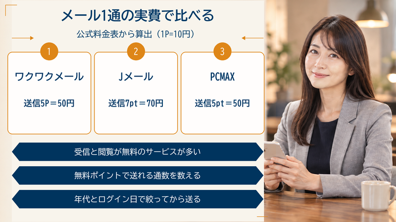 メール1通の実費で比べる。ワクワクメール送信5P=50円、Jメール送信7pt=70円、PCMAX送信5pt=50円