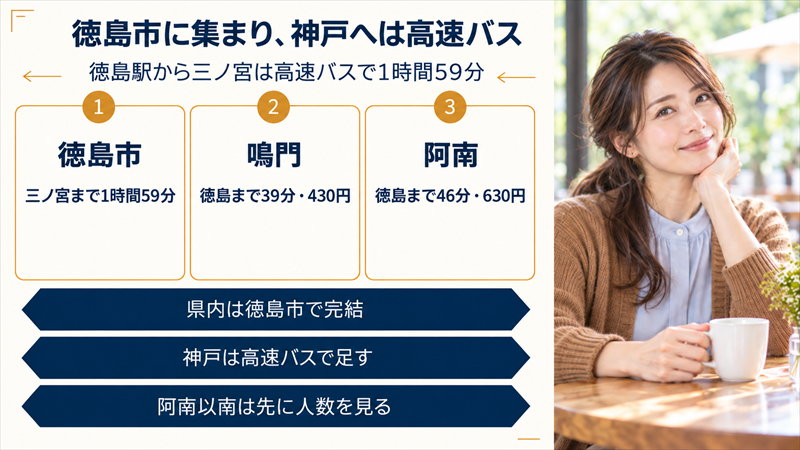 徳島市に集まり、神戸へは高速バス