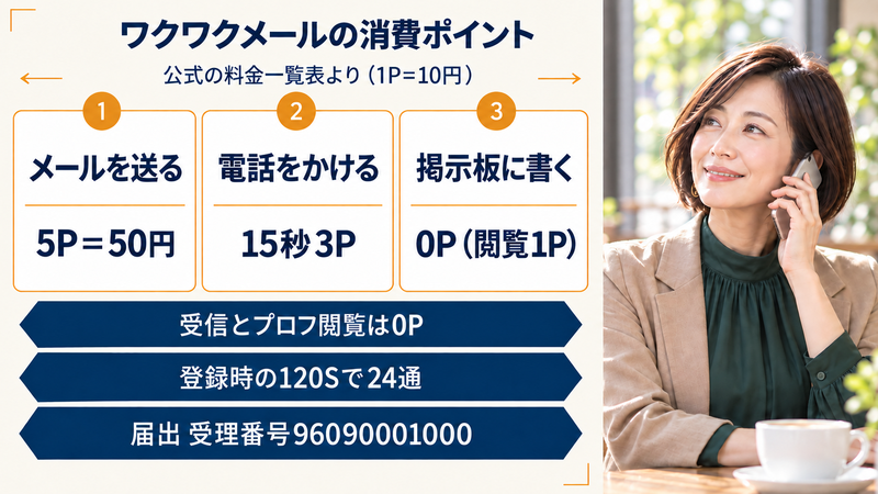 ワクワクメールの消費ポイント。メールを送る5P=50円、電話をかける15秒3P、掲示板に書く0P（閲覧1P）