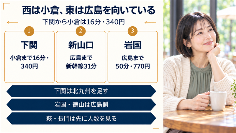 西は小倉、東は広島を向いている