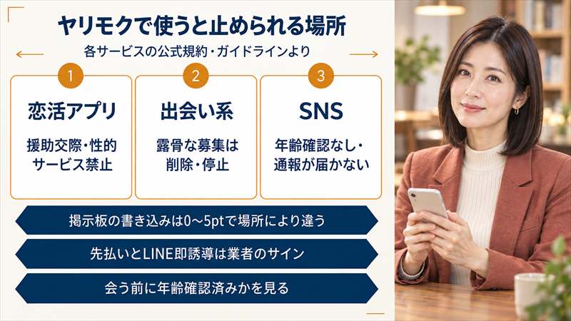 ヤリモクで使うと止められる場所。恋活アプリは援助交際・性的サービス禁止、出会い系は露骨な募集が削除・停止、SNSは年齢確認なし