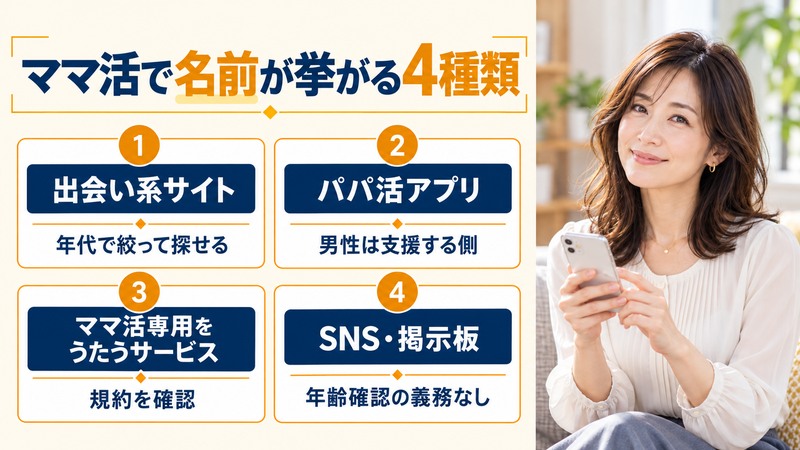 ママ活で名前が挙がるサイト・アプリの4種類。出会い系サイト、パパ活アプリ、ママ活専用をうたうサービス、SNS・掲示板