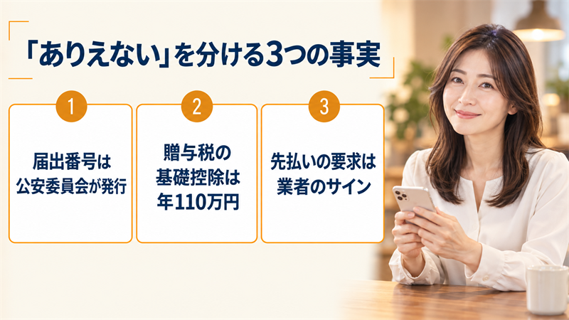 「ありえない」を分ける3つの事実。届出番号は公安委員会が発行、贈与税の基礎控除は年110万円、先払いの要求は業者のサイン