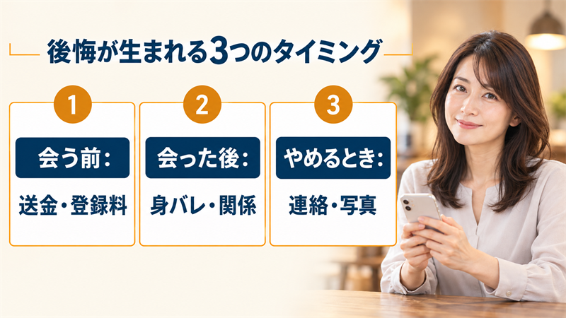 後悔が生まれる3つのタイミング。会う前は送金・登録料、会った後は身バレ・関係、やめるときは連絡・写真