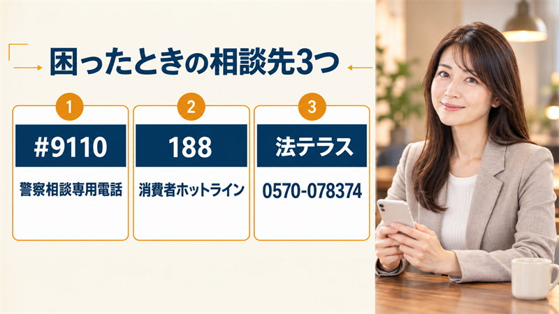 困ったときの相談先3つ。#9110 警察相談専用電話、188 消費者ホットライン、法テラス 0570-078374